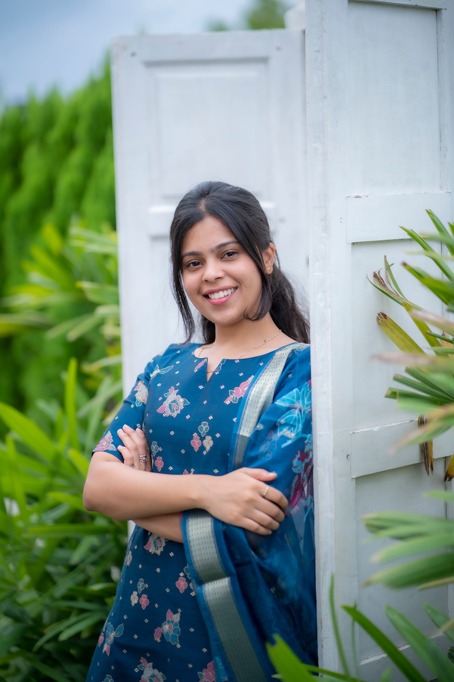 AA063 Chanderi Silk Peacock Blue Kurti with Organza Dupatta