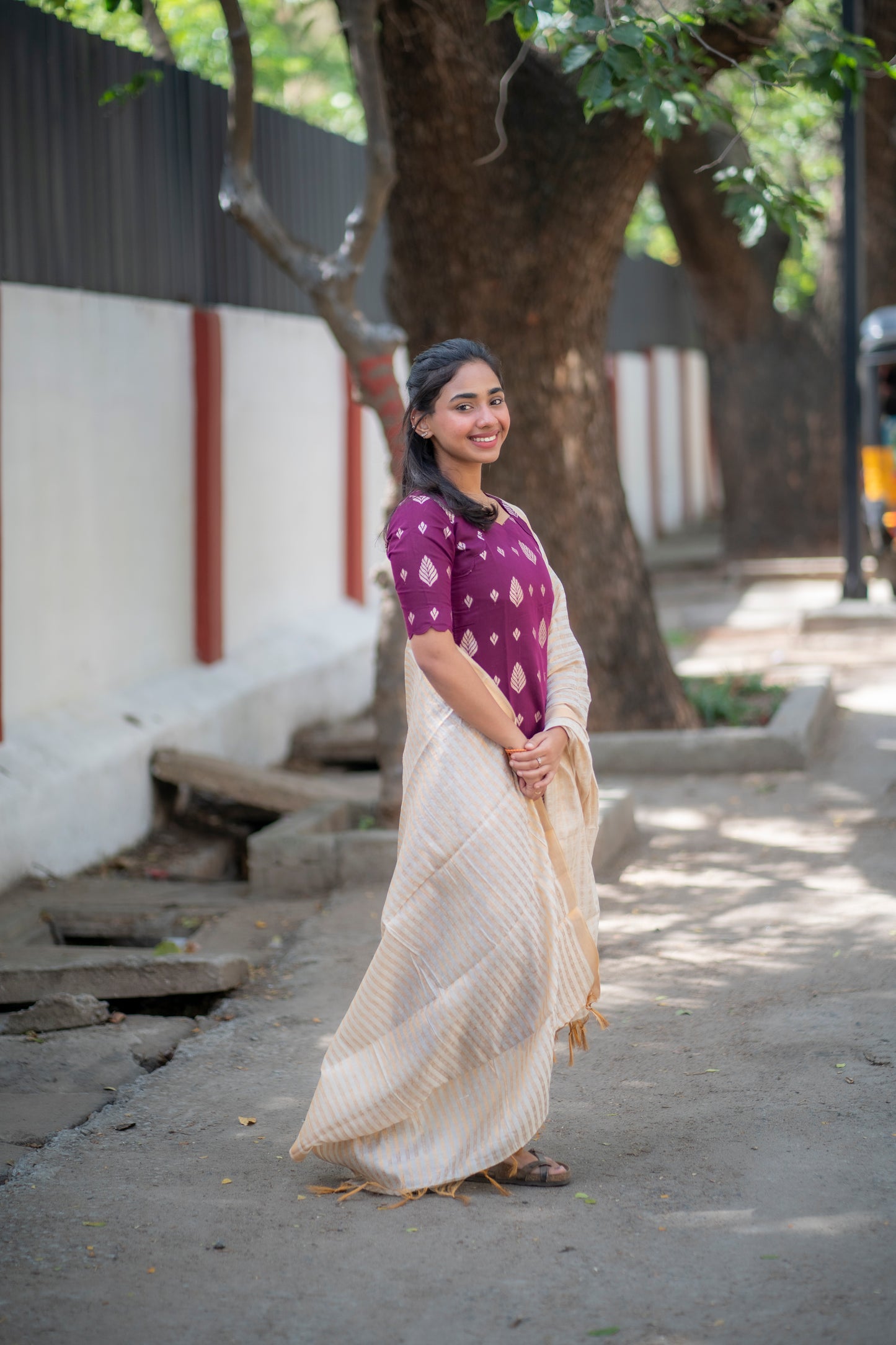 AA100 Wine Jacquard Silk Kurti with White Golden stripes