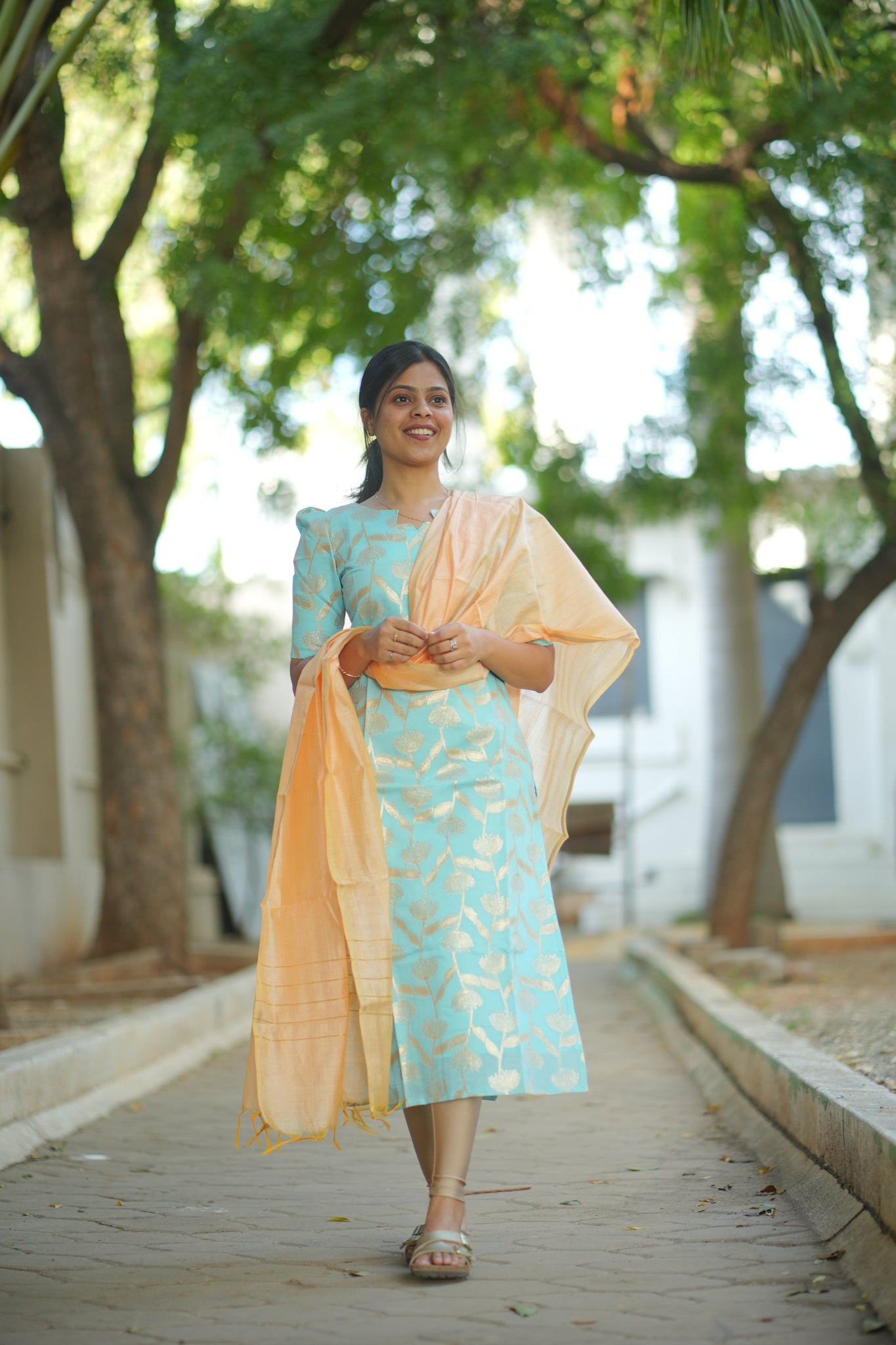 AA109 Blue with Peach Silk Kurti with Dupatta