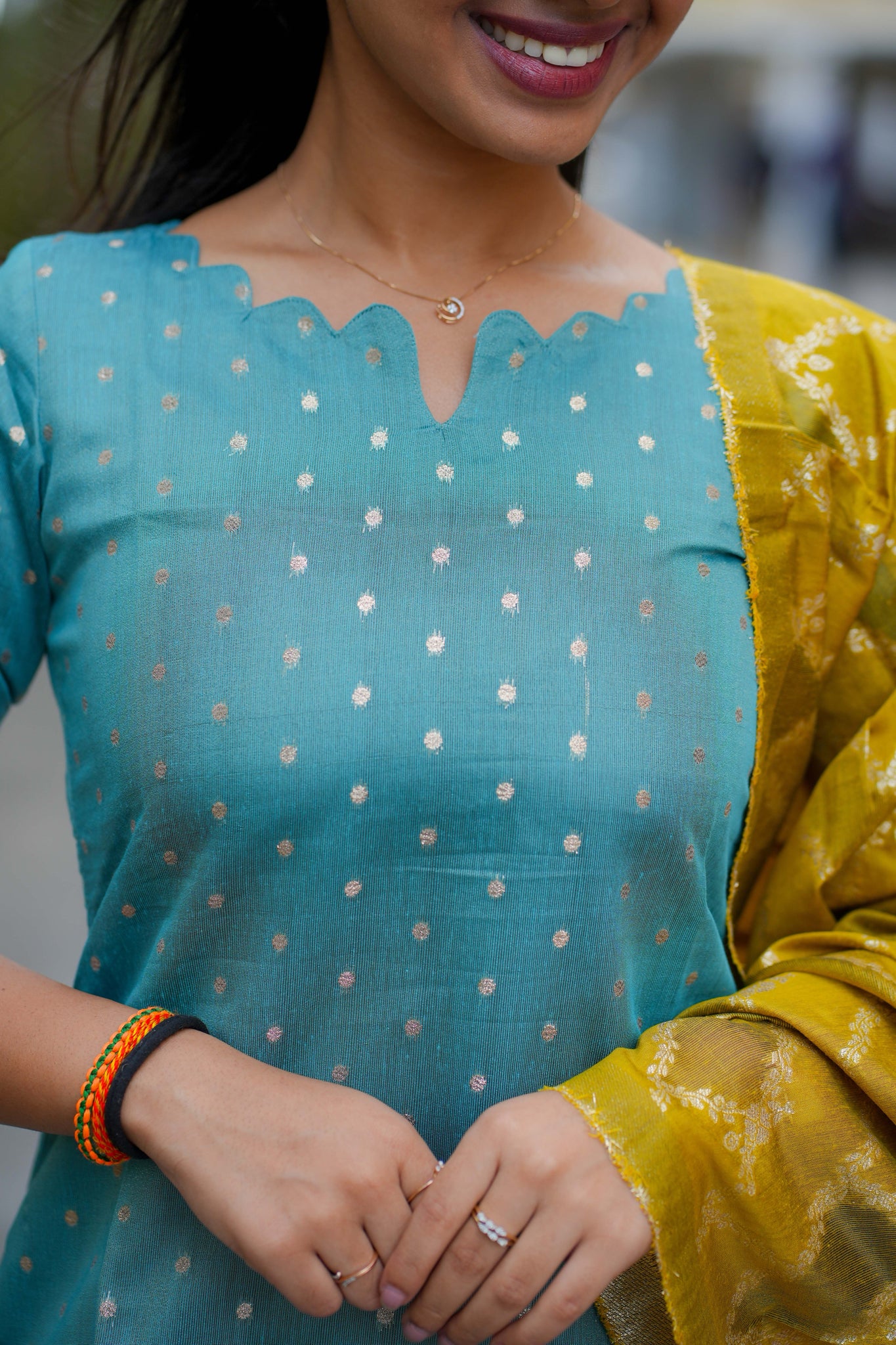 AA118 Blue Raw Silk Kurti With Mustard Brocade Dupatta