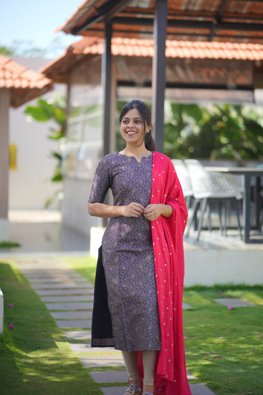 AA105 Black Art Silk Kurti with Red Golden motifs Shimmer Dupatta (Function Wear)