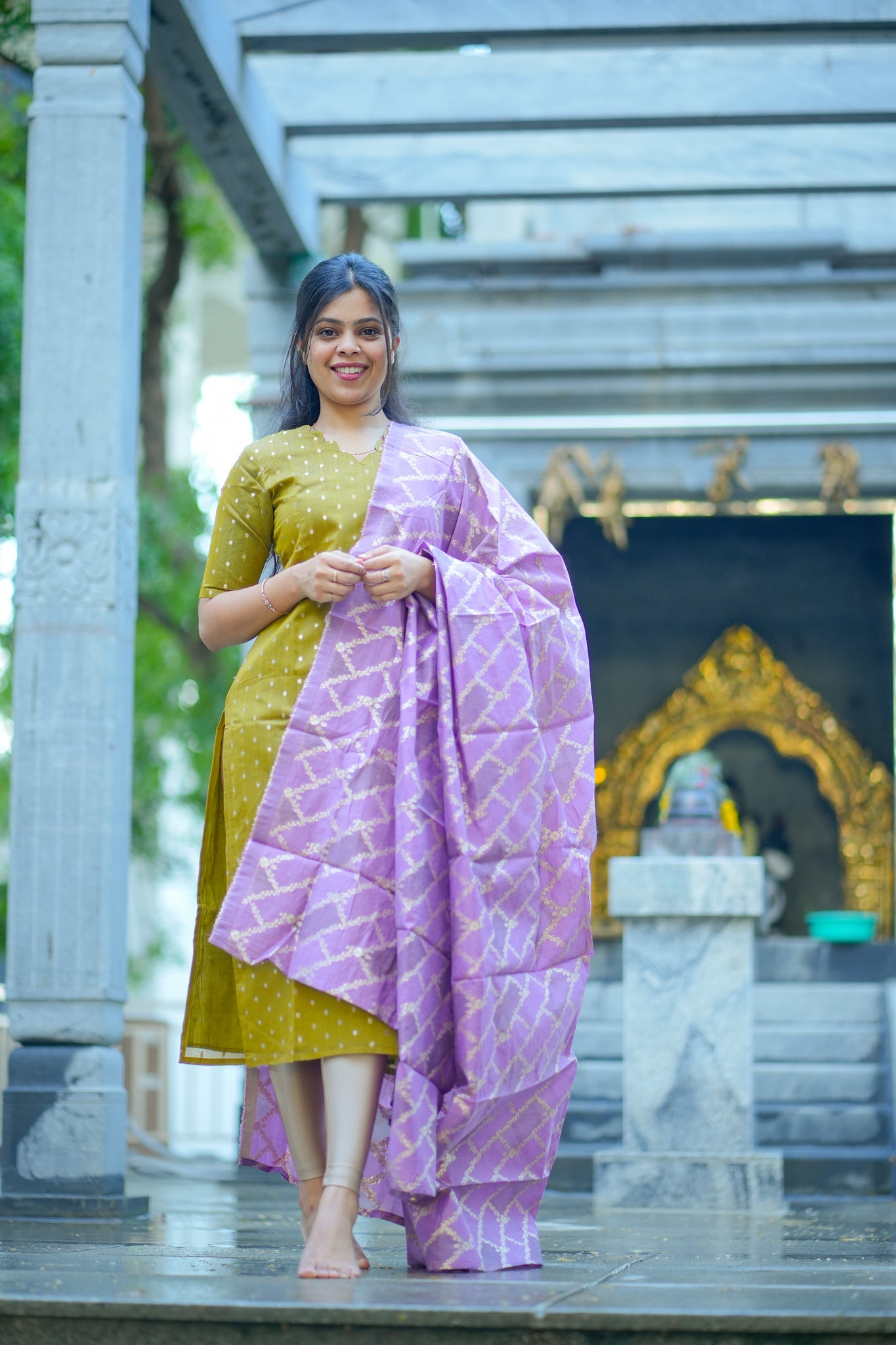 AA104 Mustard  Raw Silk Kurti with lavender Brocade Dupatta (Festive wear)