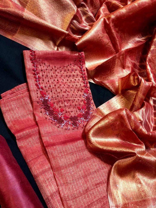 Dark Red Silk Banaras Material (Function Wear)