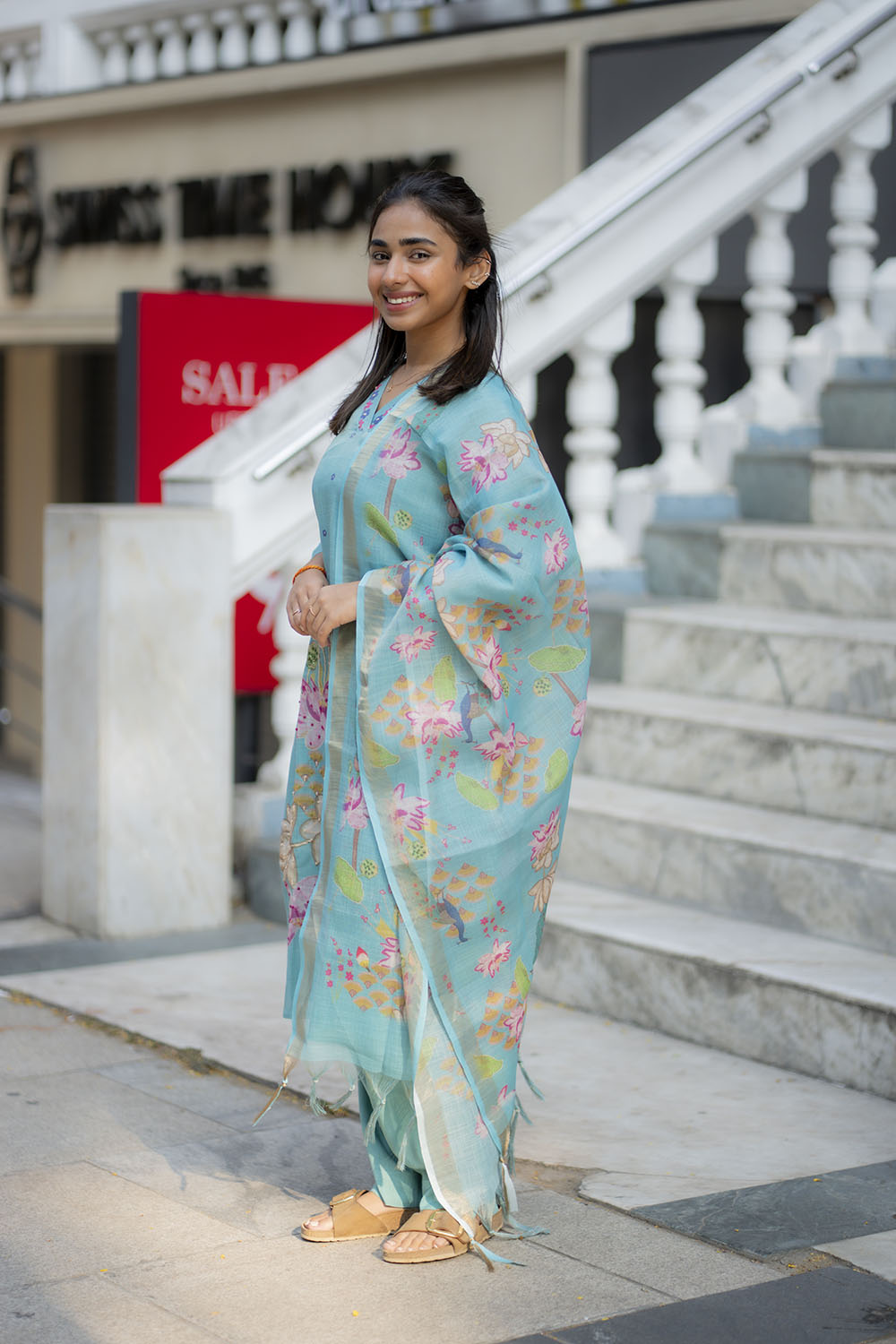 AA210 Blue Linen 3 Pc Salwar Set with Peacock & Floral Design