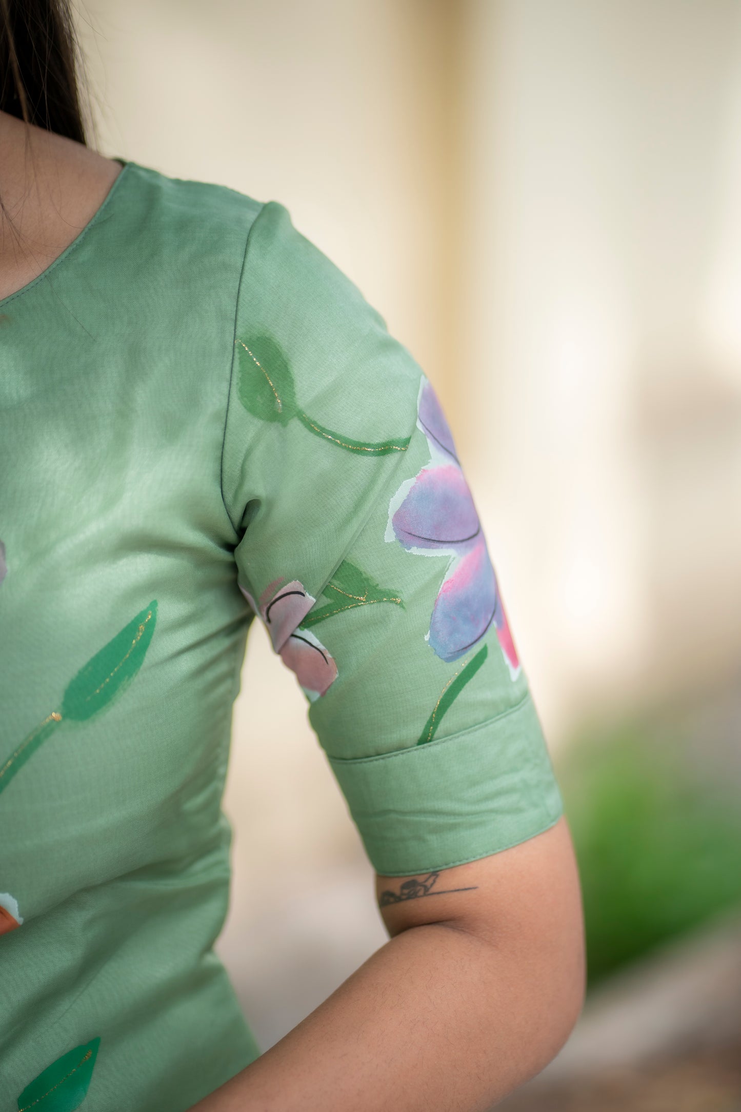 AA096 Pastel Green Floral Organza Kurti