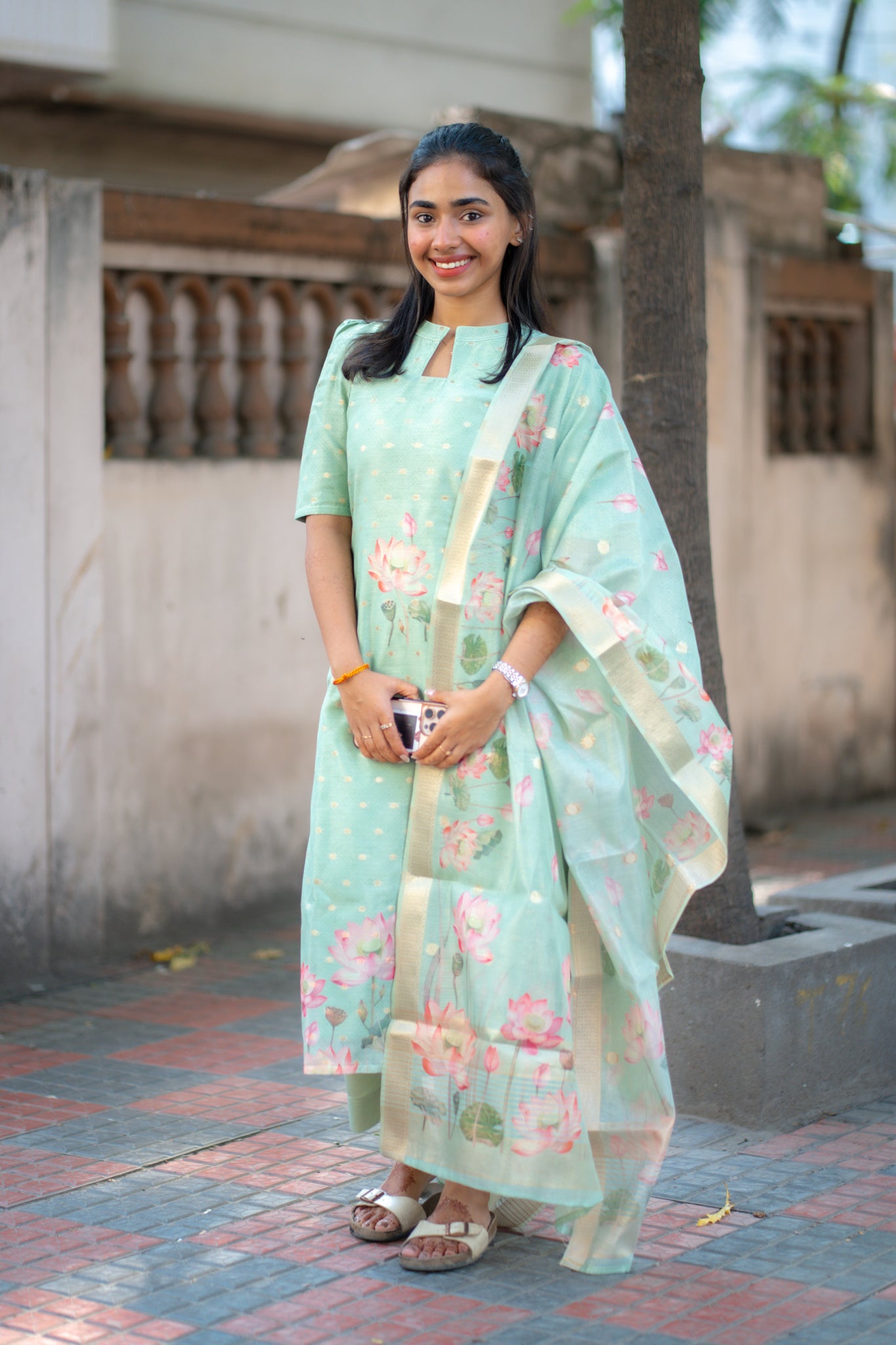 AA139 Green Lotus Shimmer Silk with Banarasi Weaving 3 Pc Set