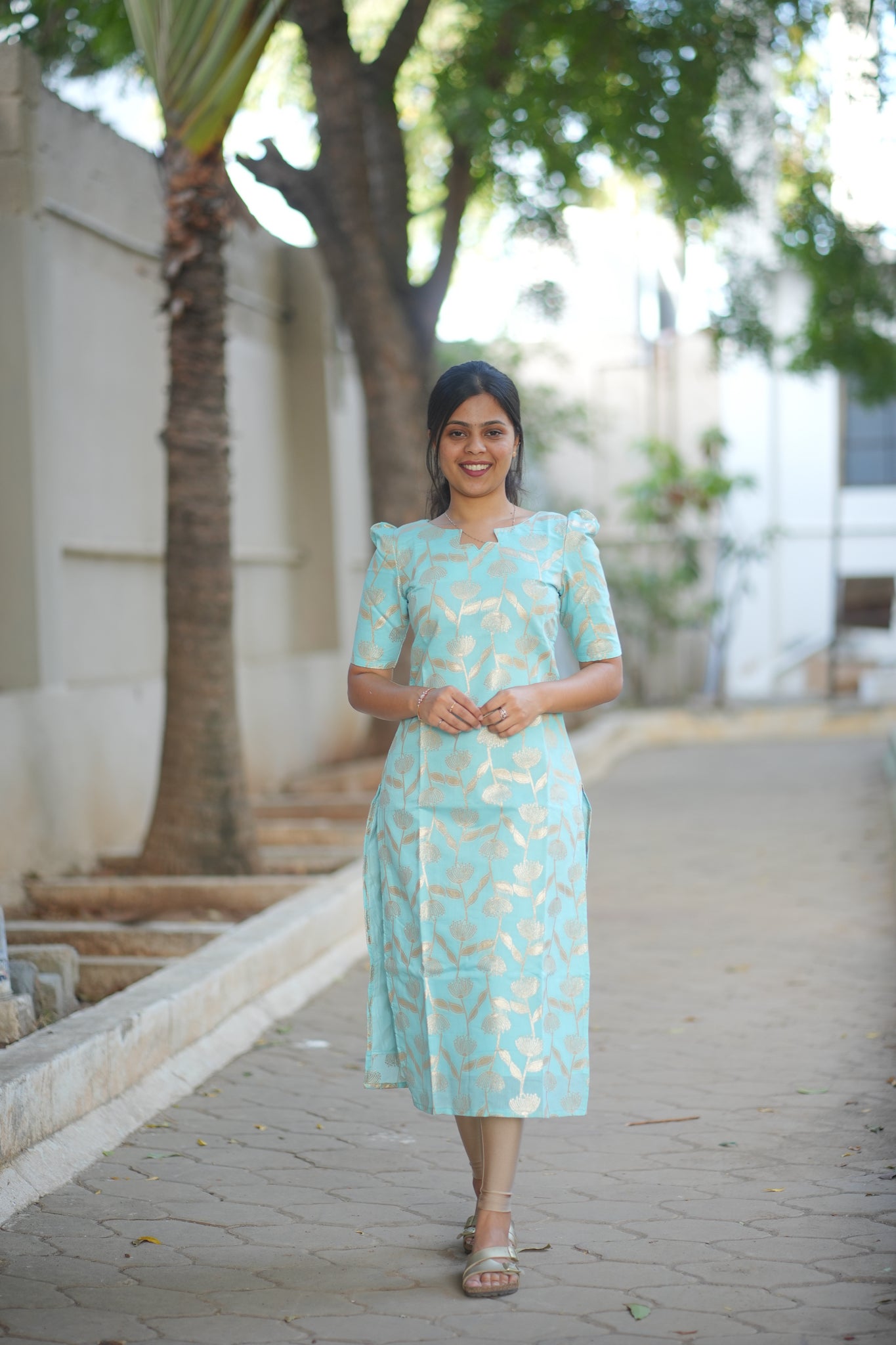 AA109 Blue with Peach Silk Kurti with Dupatta