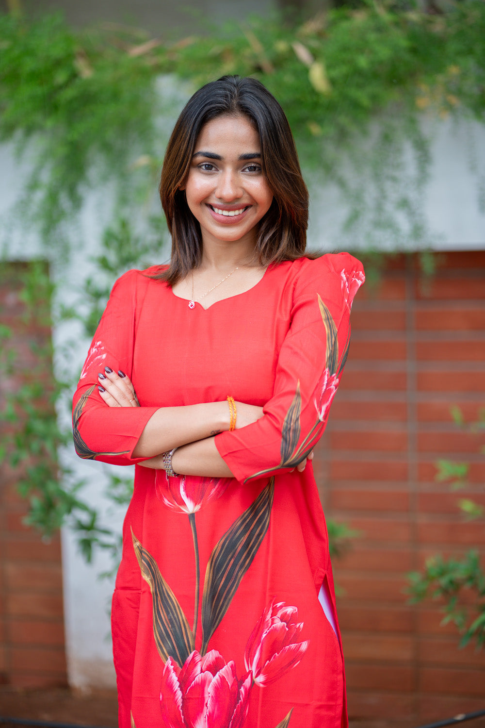 AA301 Corel Red Tulip Print Muslin Silk Kurti
