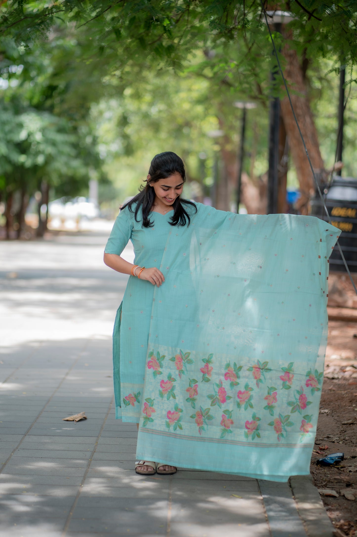 AA081 Blue Floral Jamdani Silk Kurti with Dupatta