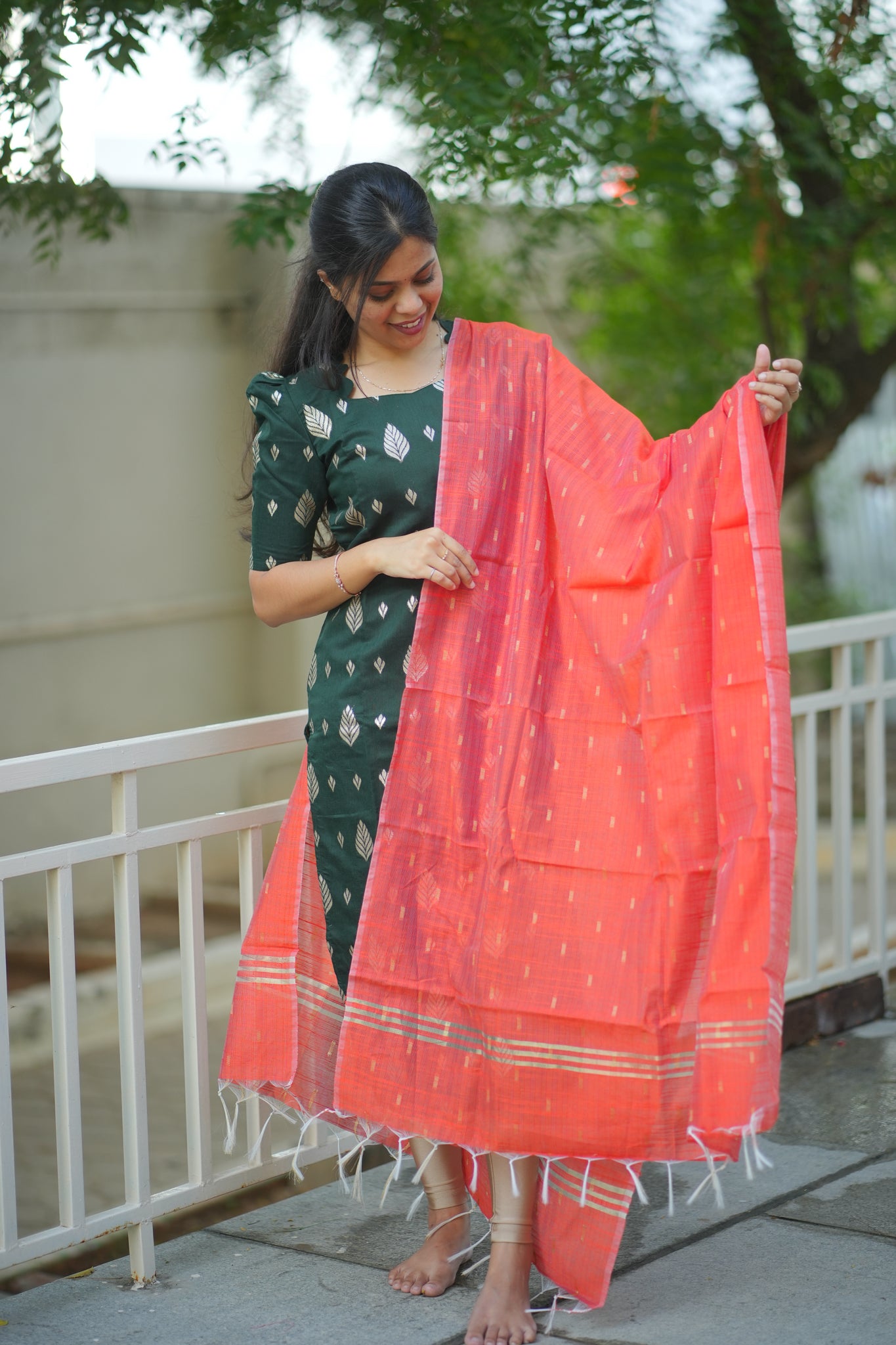 AA110 Bottle green Jacquard Silk Kurti with Red Orange Dupatta