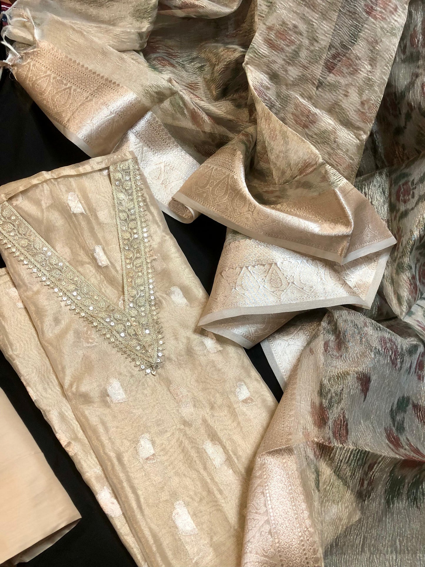 V Neck Beige Tissue Silk Salwar Material