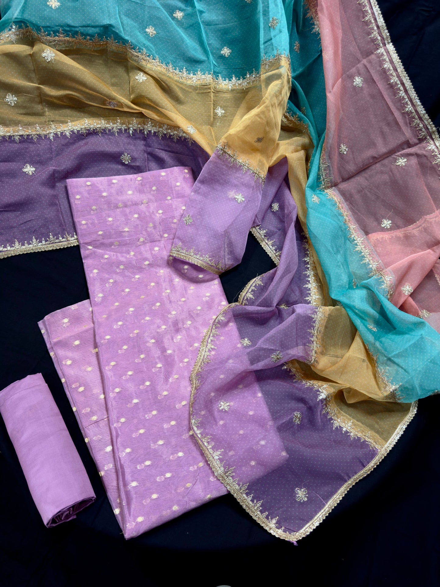 Pure Silk Salwar material with Multicolour Dupatta