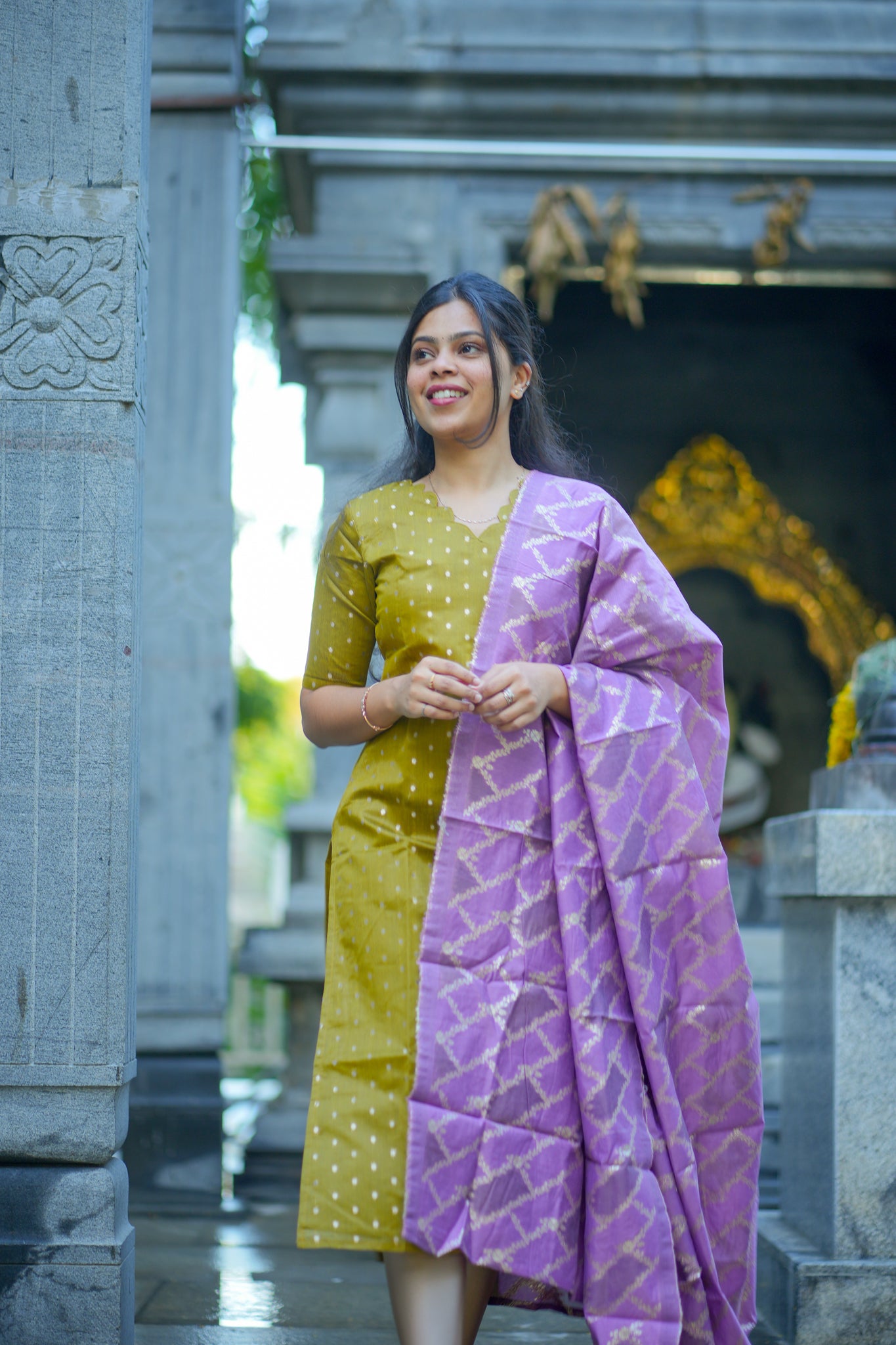 AA104 Mustard  Raw Silk Kurti with lavender Brocade Dupatta (Festive wear)