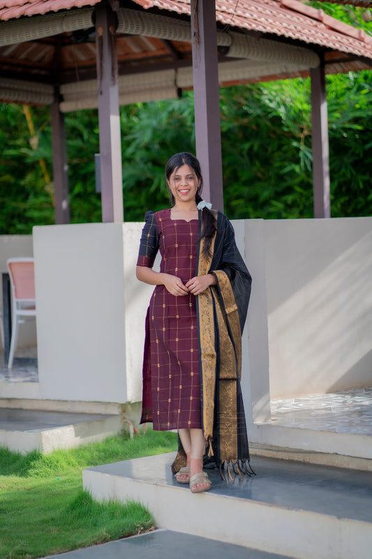 AA056 Brown with Black Silk Kurti with Dupatta