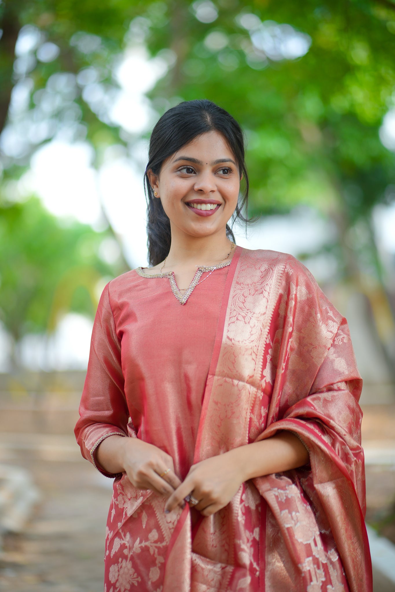 AA124 Rust Red Tissue Silk kurti with Brocade Silk Dupatta