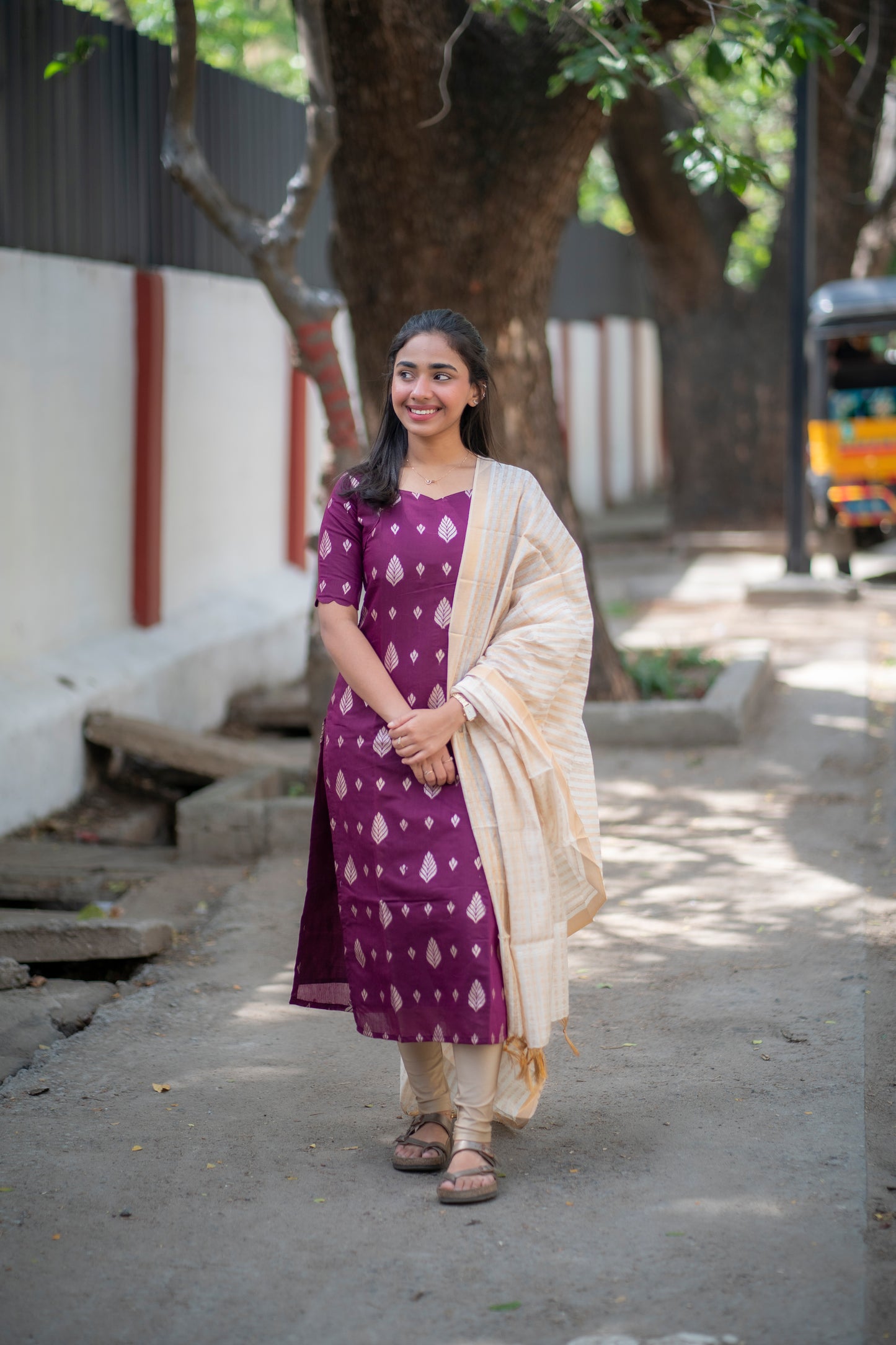 AA100 Wine Jacquard Silk Kurti with White Golden stripes