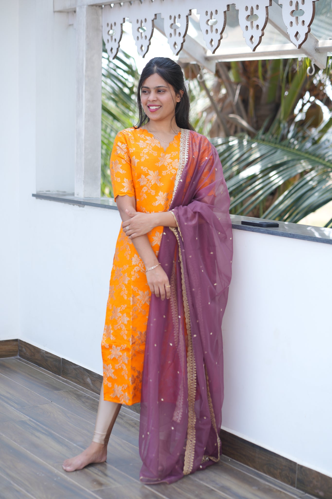 AA152 Dark Orange Brocade Silk Kurti with Wine Organza Sequence Dupatta