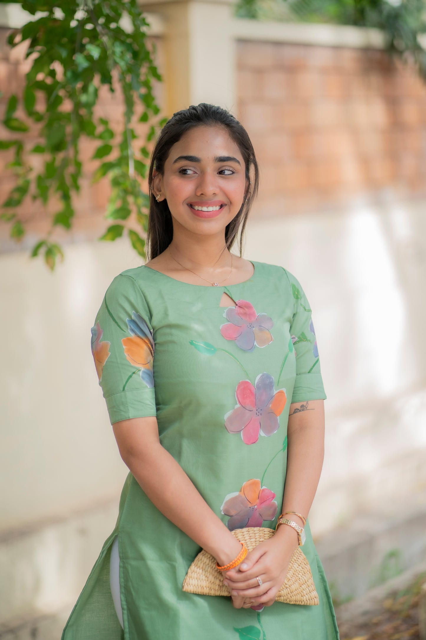 AA096 Pastel Green Floral Organza Kurti