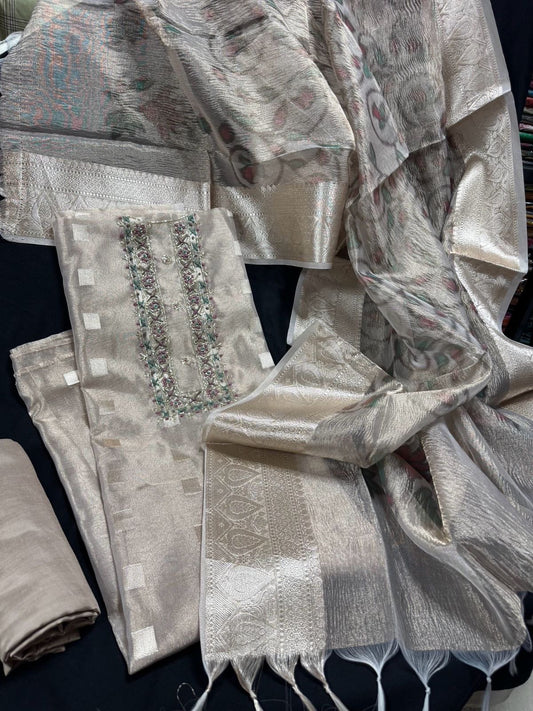 Grey Tissue Silk Salwar Material 3 pc set