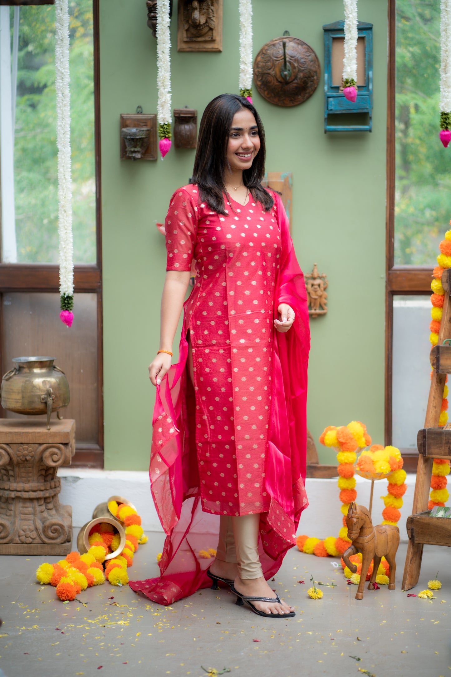 AA147 Rani Pink Chanderi Jacquard Silk Kurti With Shimmer Silk Dupatta