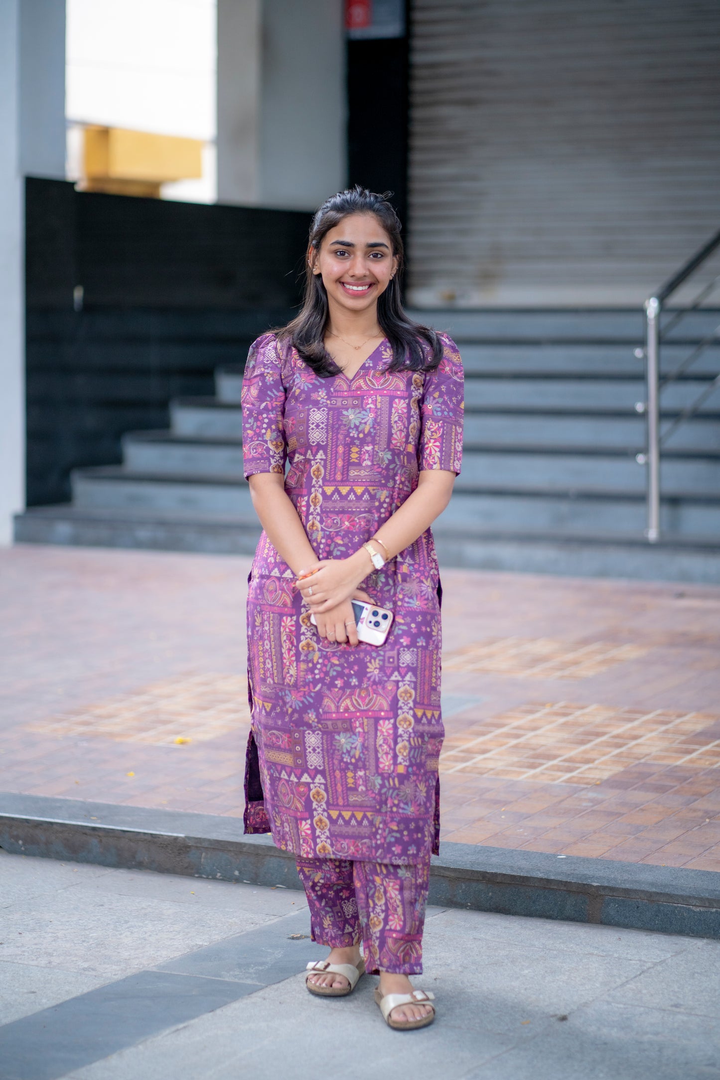 AA078 Violet Floral Printed Silk Co-Ord Set