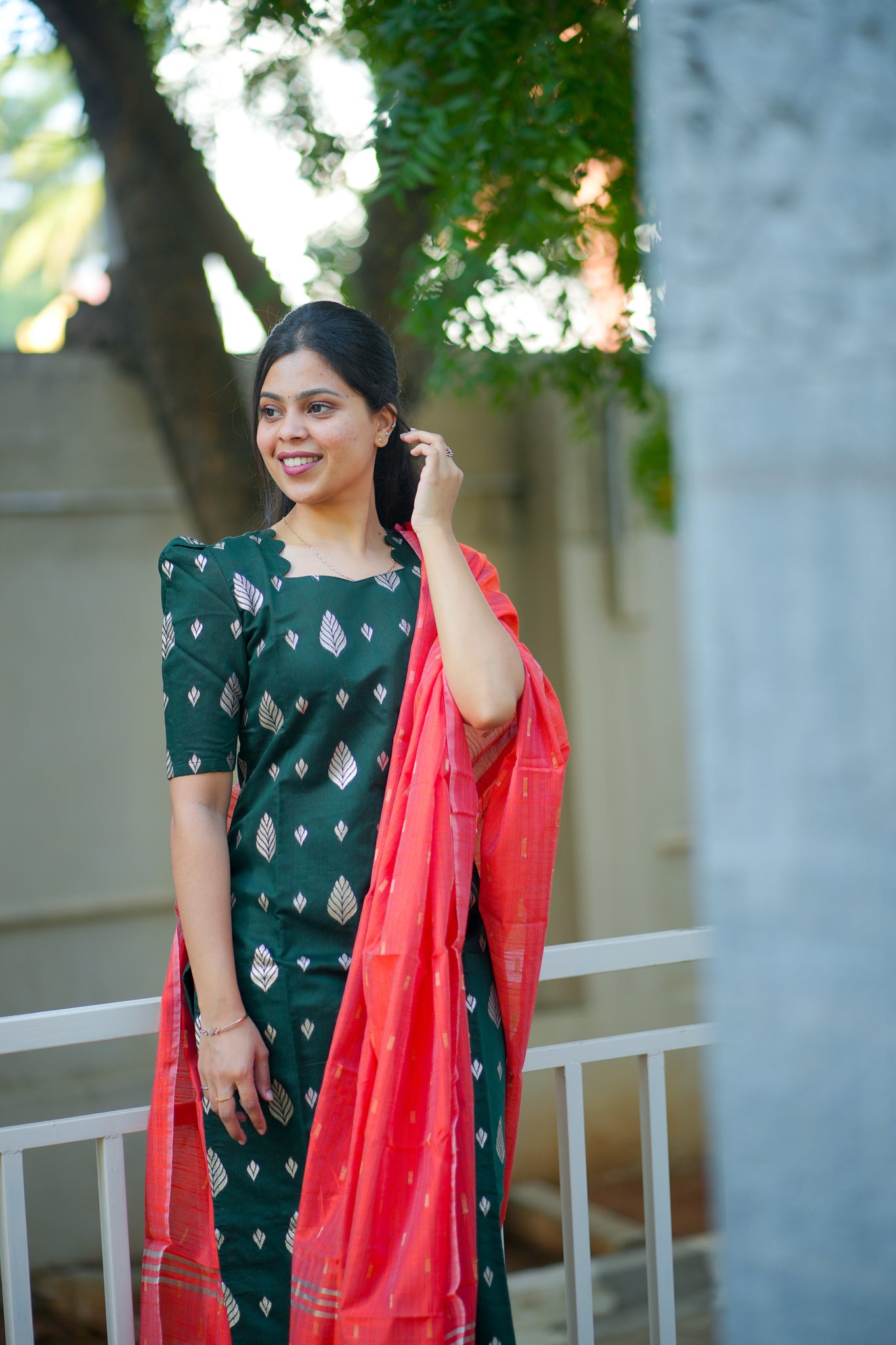 AA110 Bottle green Jacquard Silk Kurti with Red Orange Dupatta