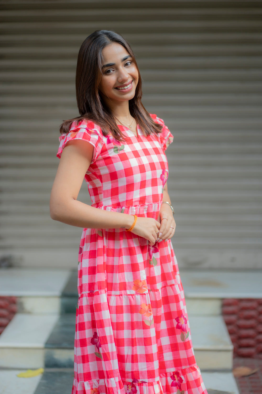 AA231 Red Checks floral Cotton Maxi