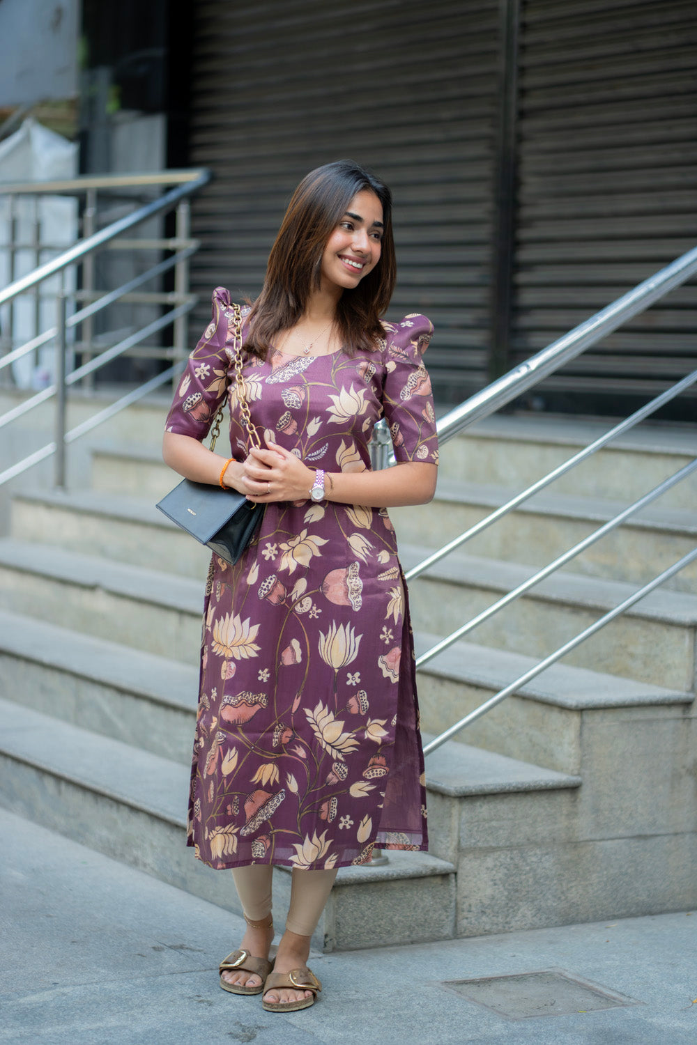 AA272 Wine Muslin Shimmer Floral Kurti