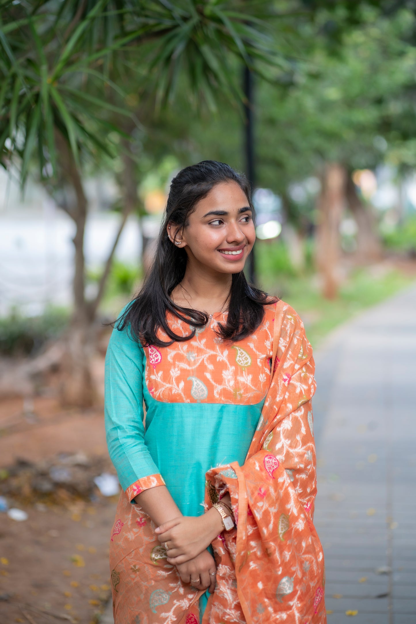 AA097 Blue Raw silk Kurti with Orange Jacquard Dupatta