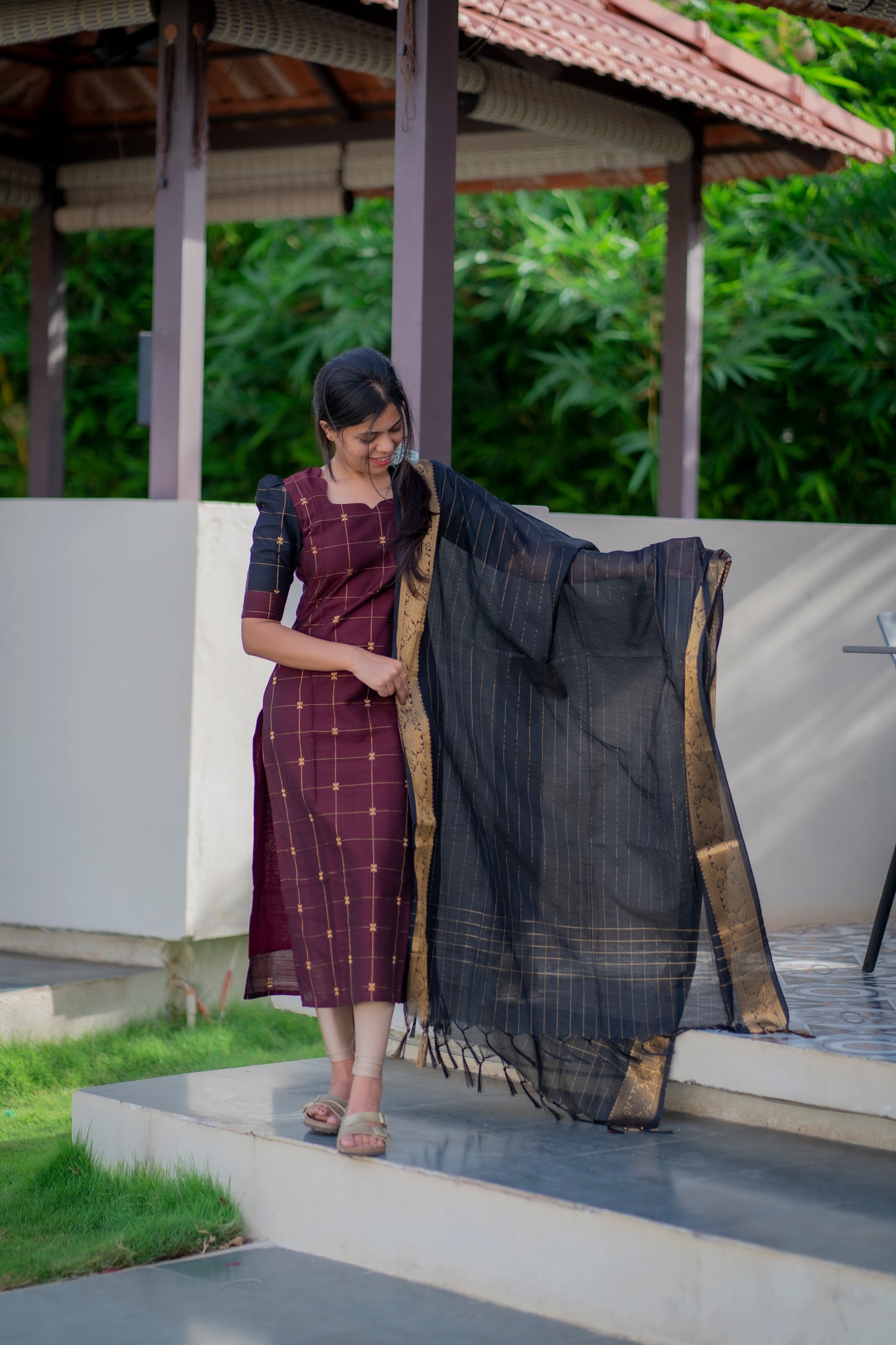 AA056 Brown with Black Silk Kurti with Dupatta