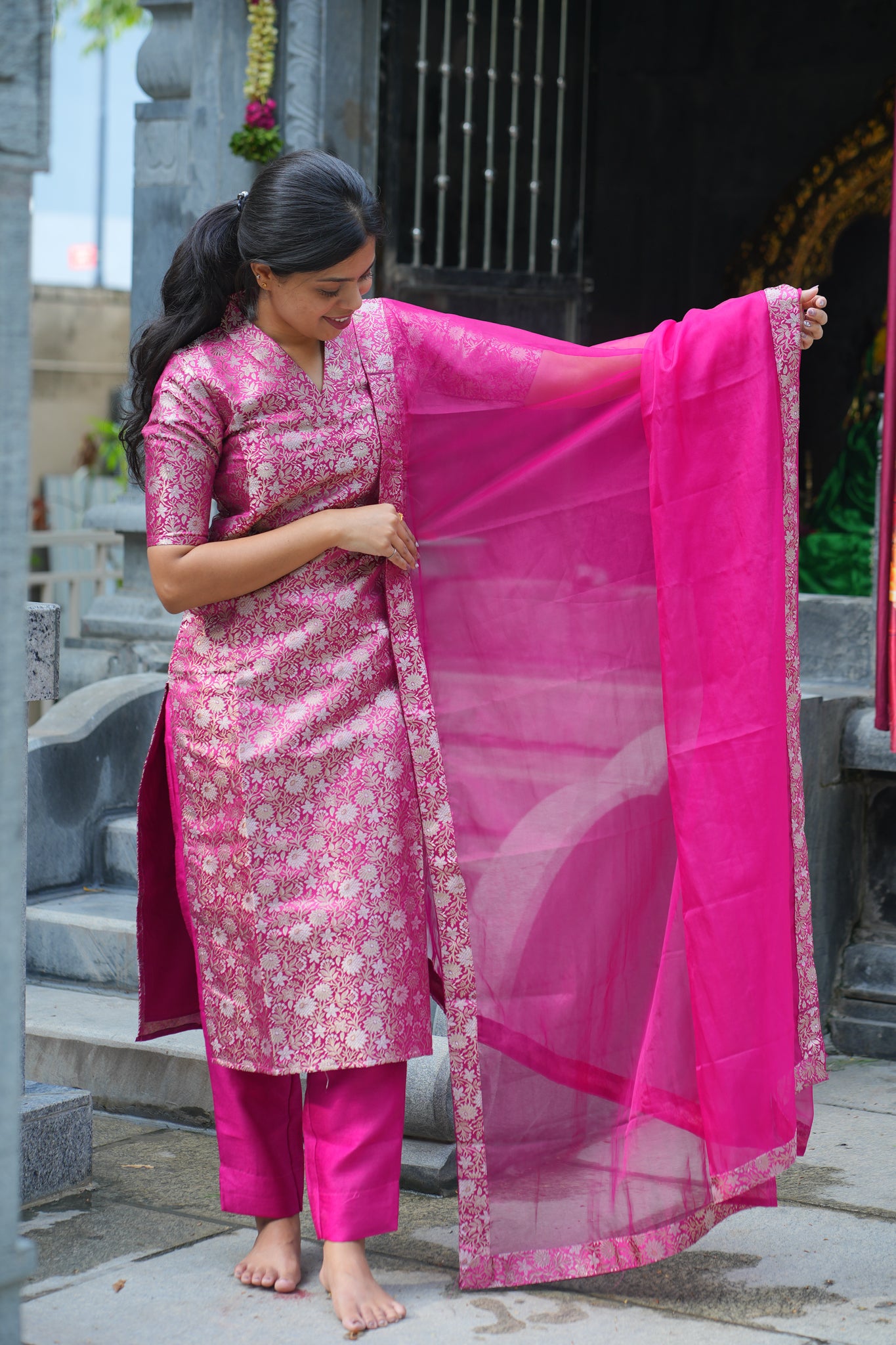 AA125 Rani Pink Brocade Silk(3 PC set )with Organza Dupatta