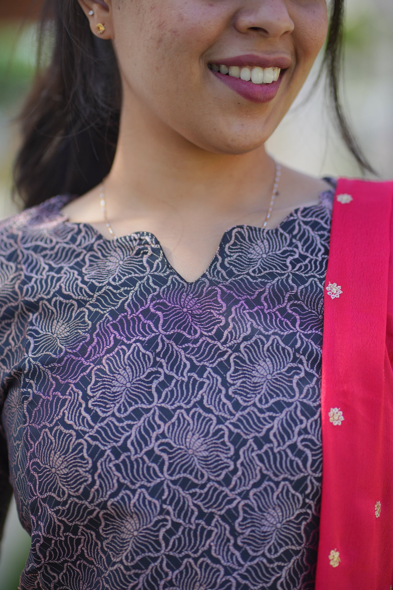 AA105 Black Art Silk Kurti with Red Golden motifs Shimmer Dupatta (Function Wear)