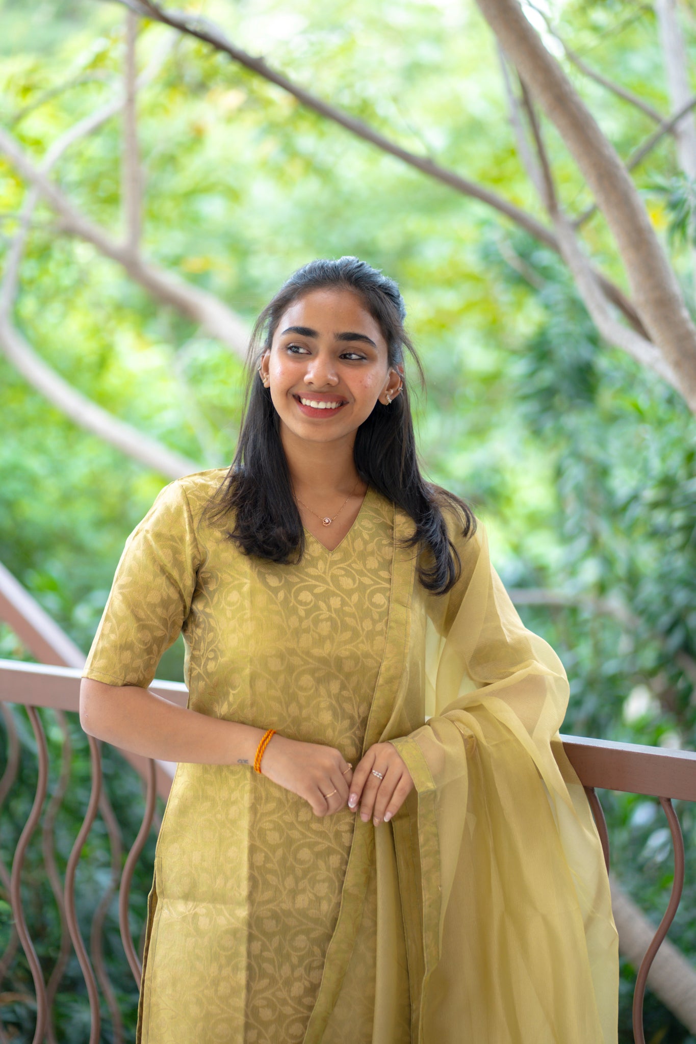 AA141 Pastel Green Floral Brocade Kurti with Oranza Dupatta