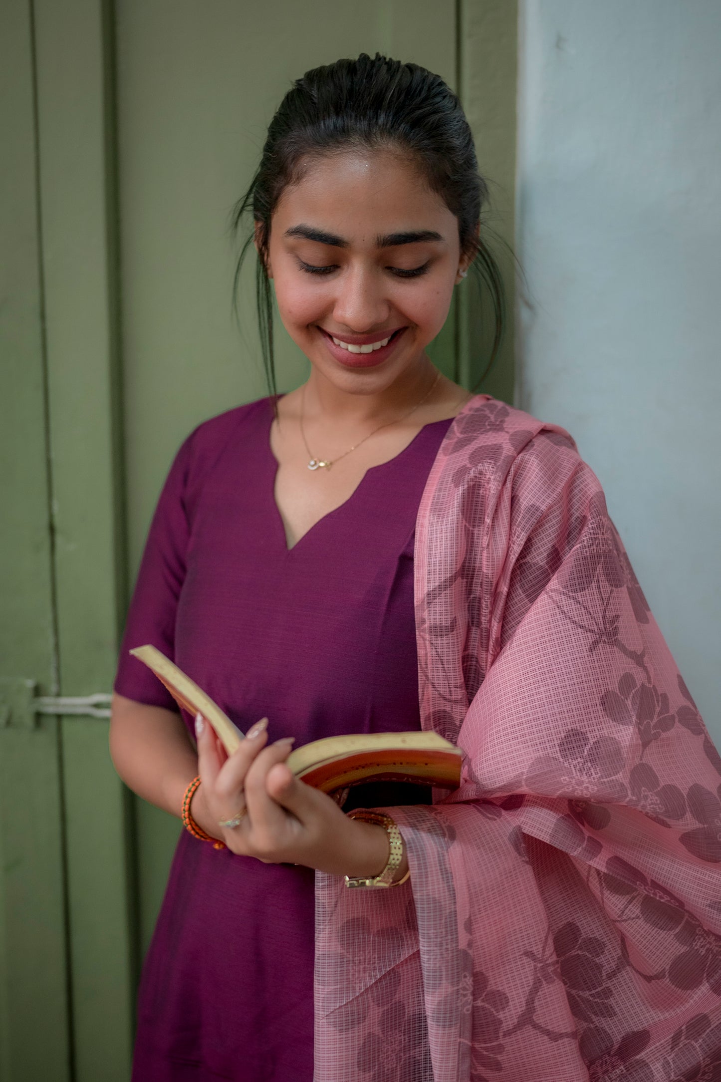 AA076 Magenta Purple Raw Silk Kurti with Kota Dupatta