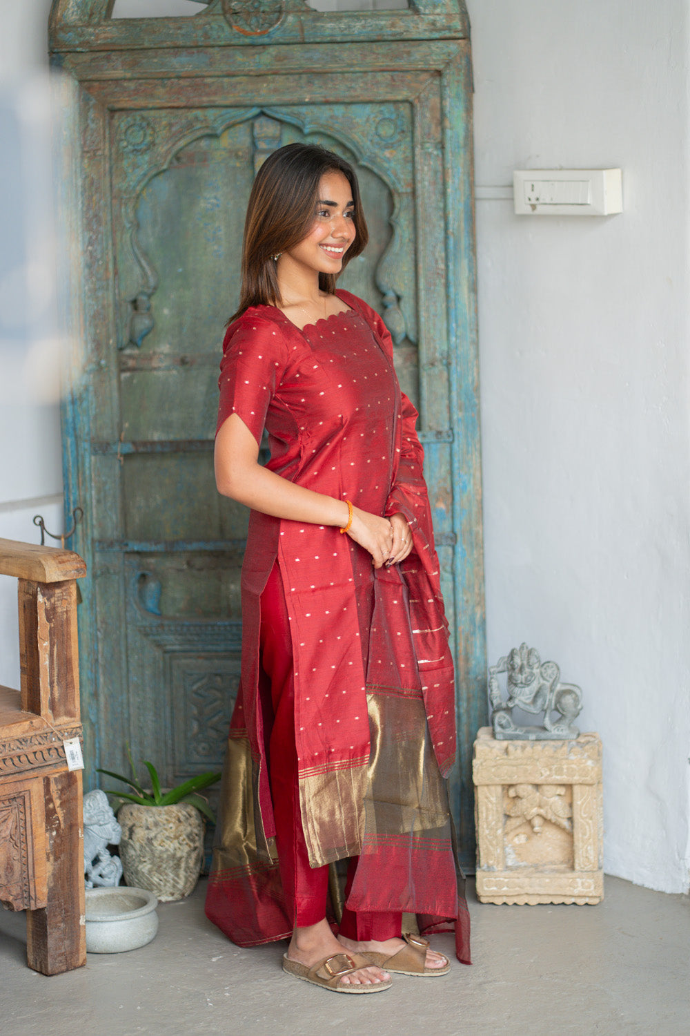 AA304 Plum Red Chanderi Silk Salwar Set with Scallop Neck (Rich & Classy Outfit with Golden Border & Golden Motifs)