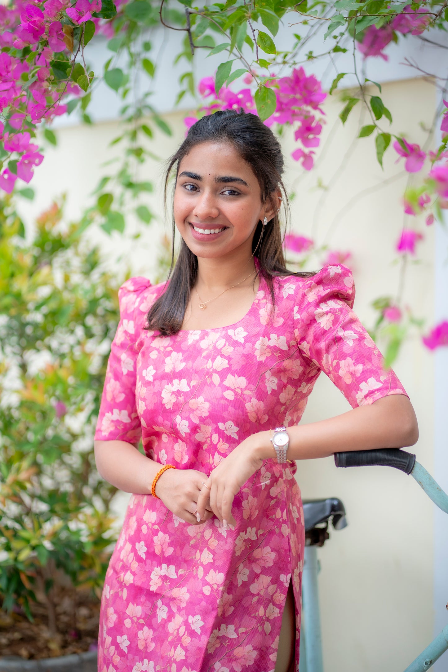 AA187 Barbie Pink Floral Tissue Silk Kurti