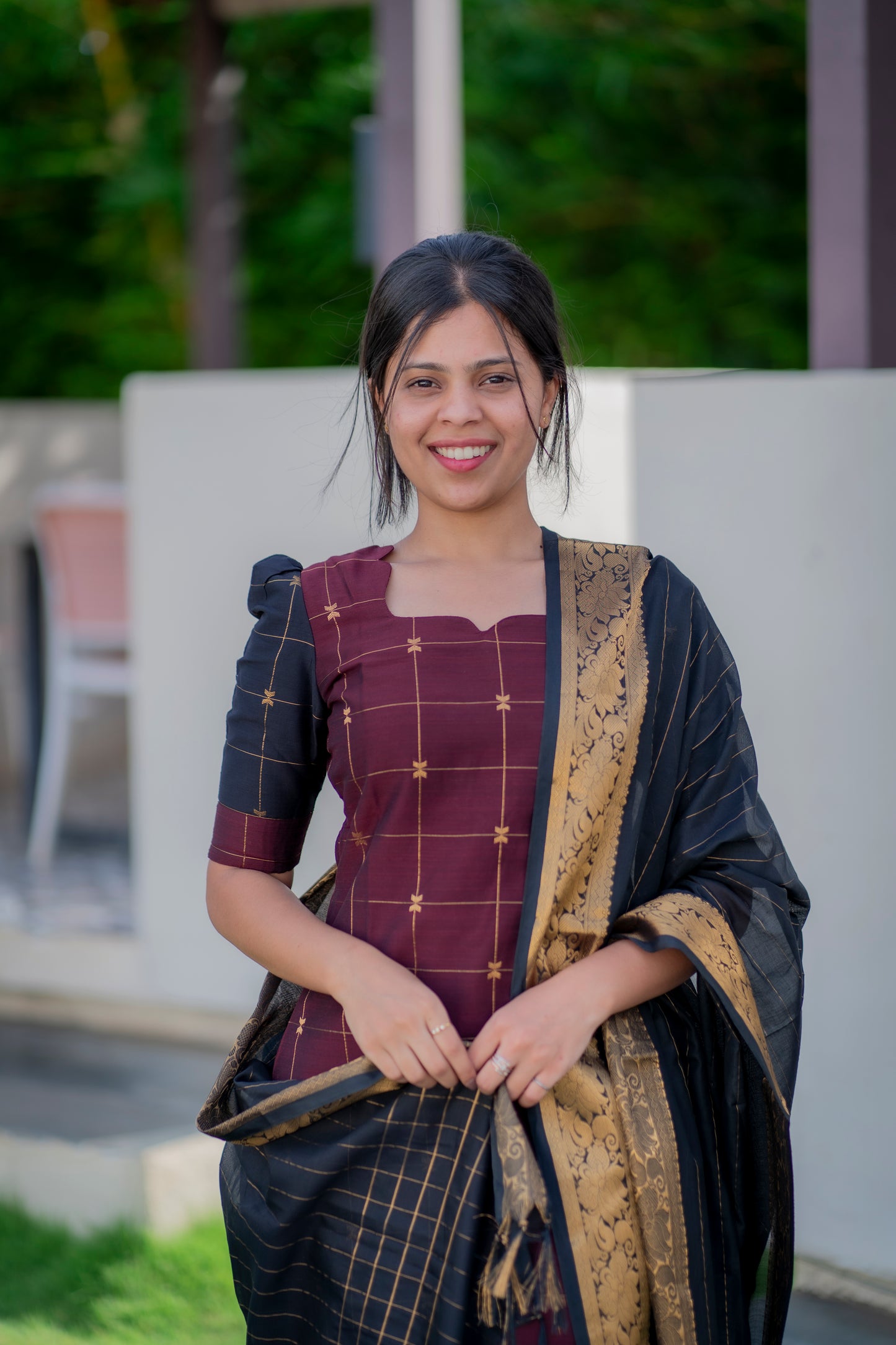 AA056 Brown with Black Silk Kurti with Dupatta