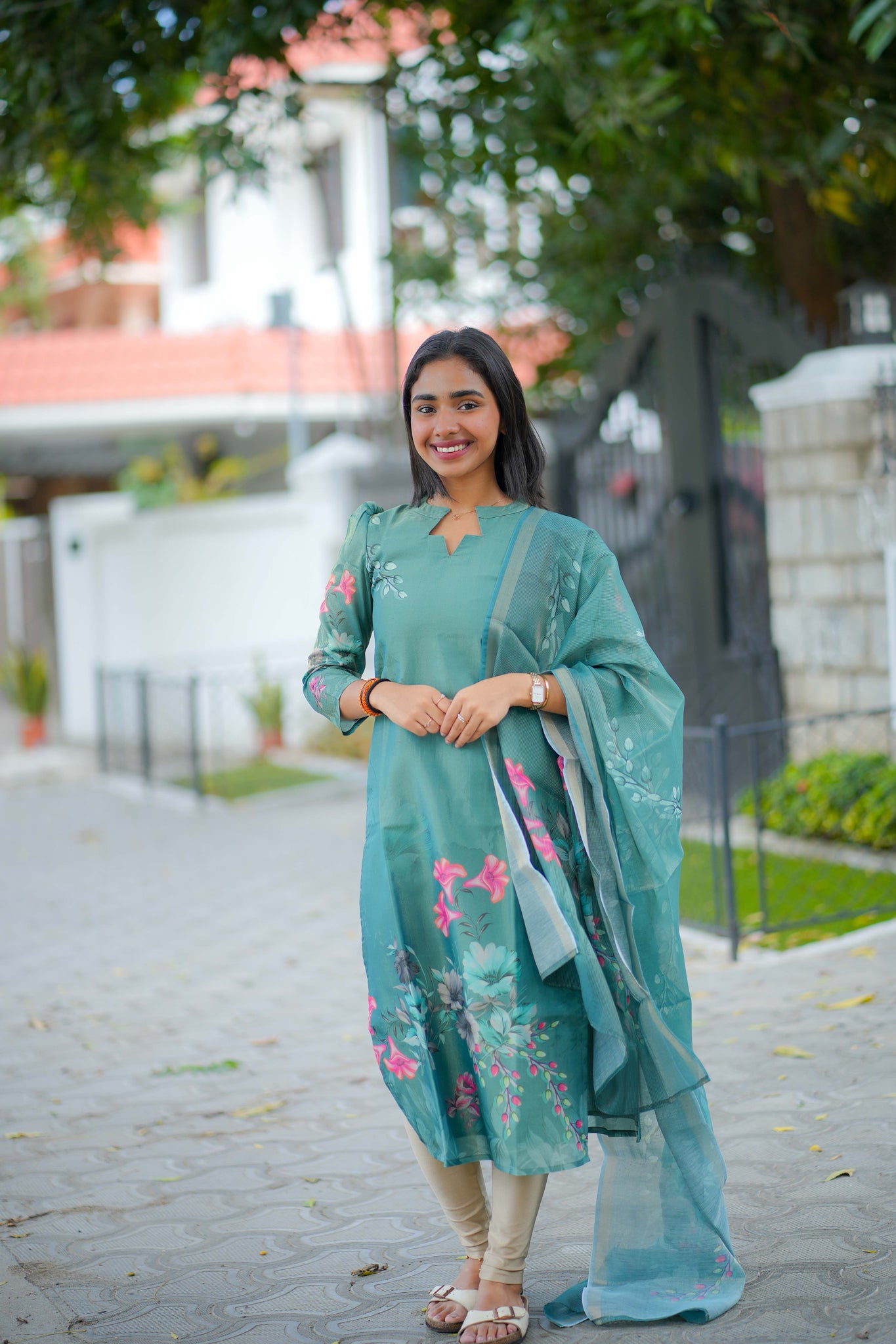 AA122 Teal Blue Shimmer Silk Kurti With Dupatta