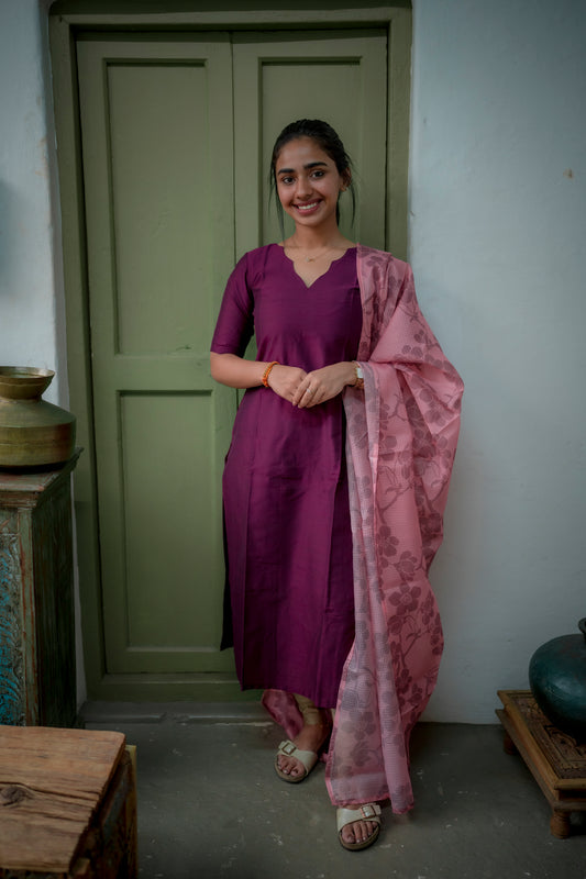 AA076 Magenta Purple Raw Silk Kurti with Kota Dupatta