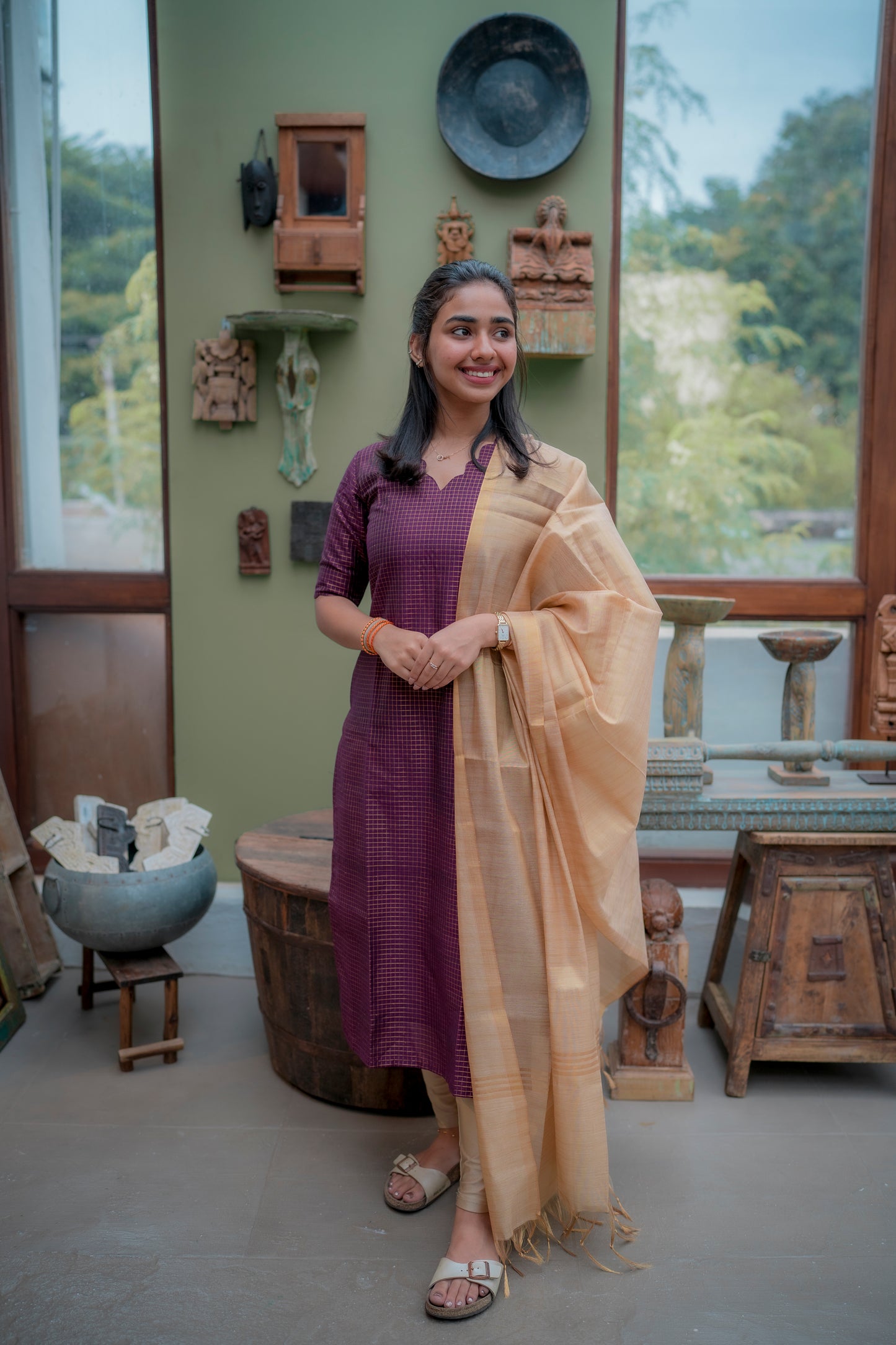 AA074 Wine Checks Raw Silk Kurti with Tissue Silk Dupatta