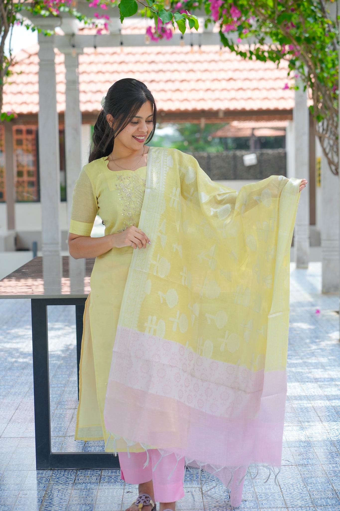 AA127 Pastel Yellow with pink combo Bead Work Tissue Silk 3 Pc Set