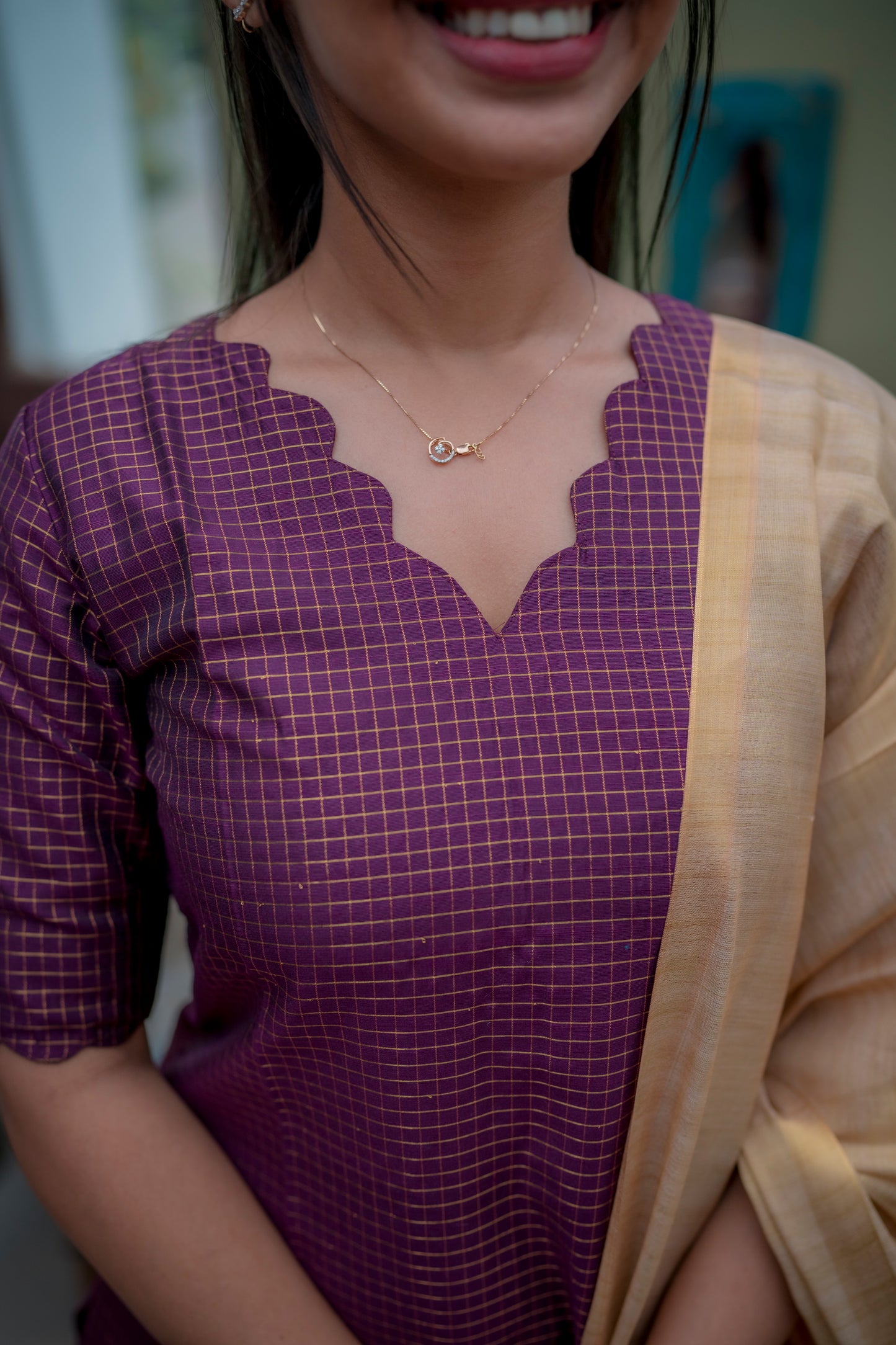 AA074 Wine Checks Raw Silk Kurti with Tissue Silk Dupatta