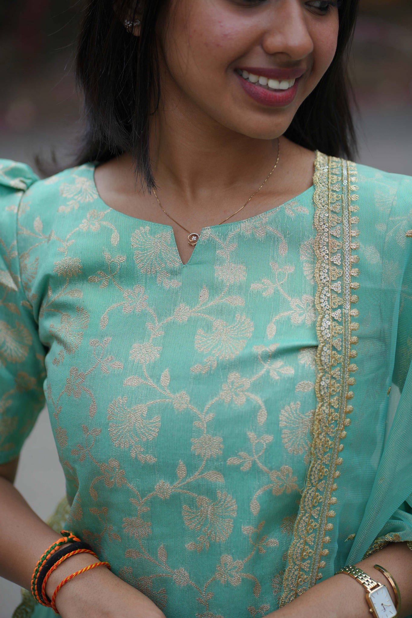 AA119 Turquoise Blue Brocade Silk 3 PC Set