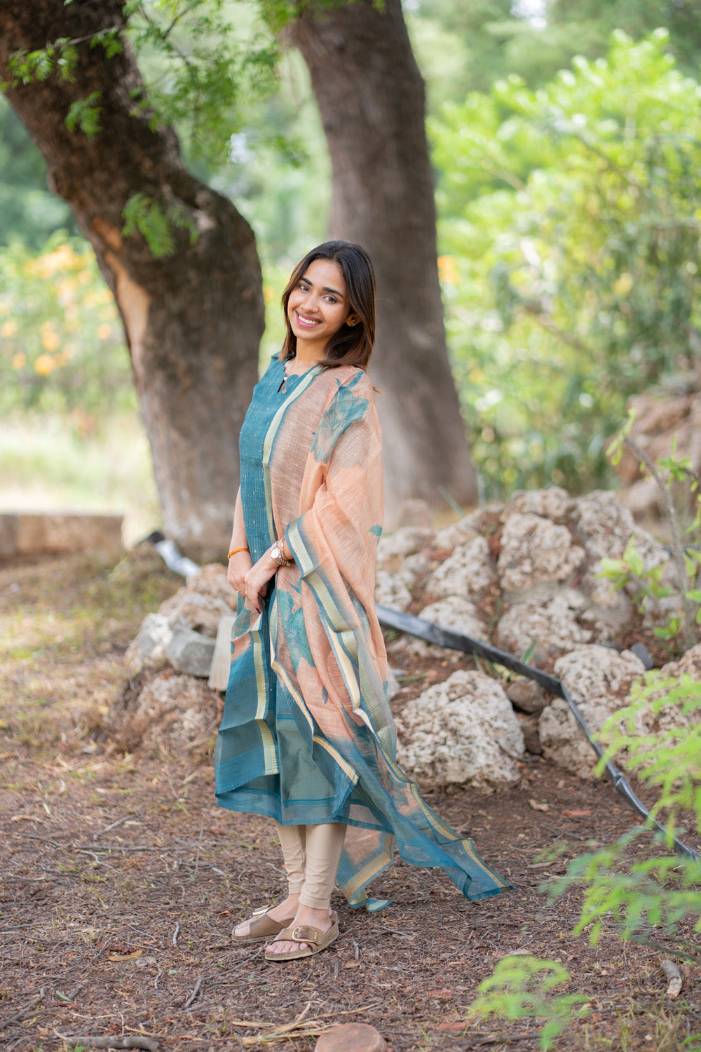 AA297 Teal Blue Chanderi Tissue Silk With Stripes & Golden Motifs Kurti with Dupatta