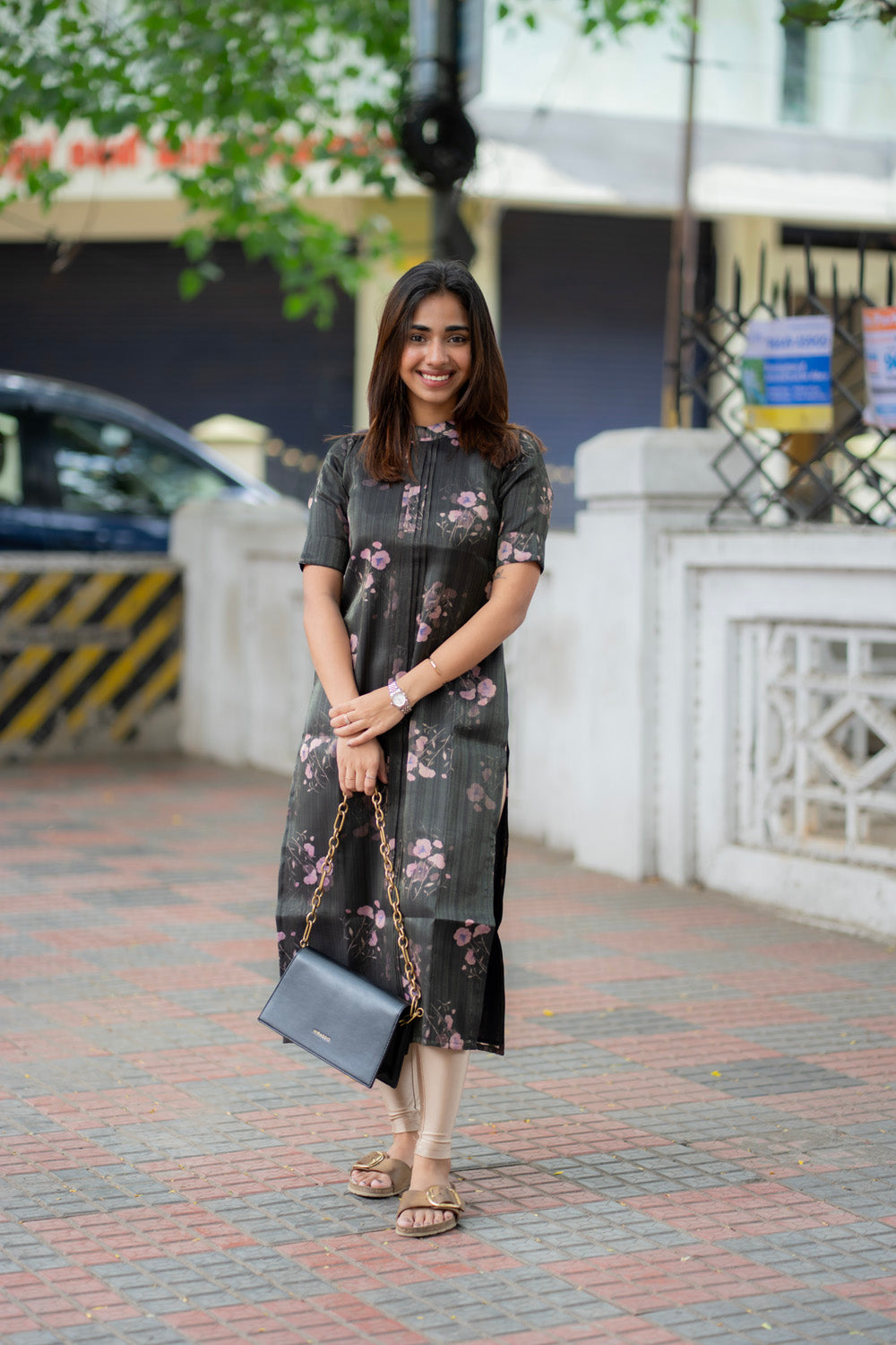AA287 Black with Lavender Floral Shimmer Silk Kurti
