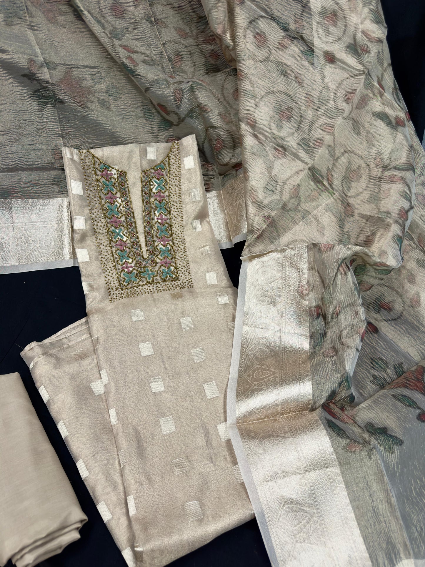 Half white Tissue Silk Salwar Material with Organza Dupatta