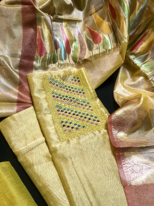 Yellow Tissue Silk Salwar Material (Funtion Wear)