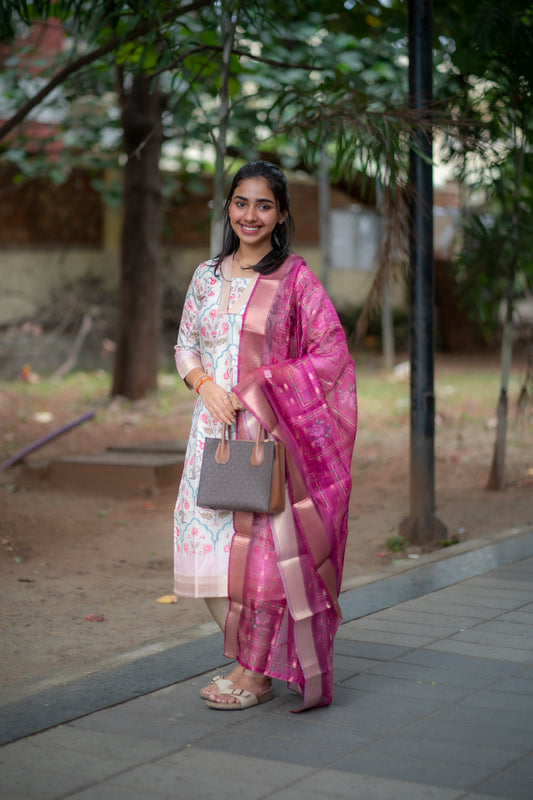 AA083 White Floral Silk Kurti with Organza Dupatta