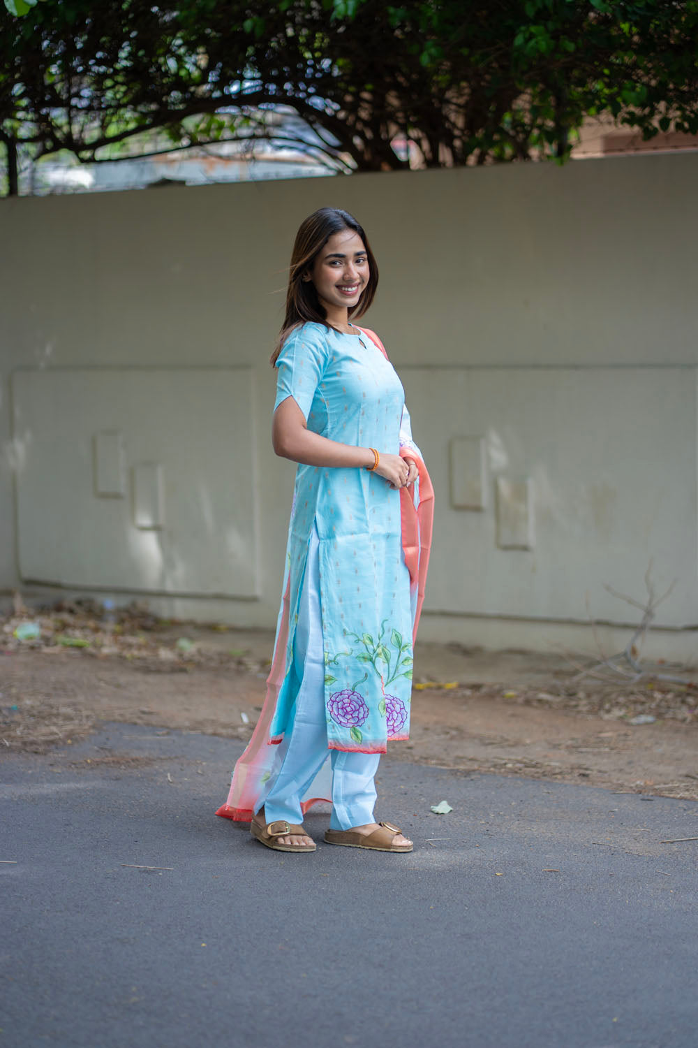 AA254 Blue with Golden motifs & Floral Print Kota Cotton Salwar Set