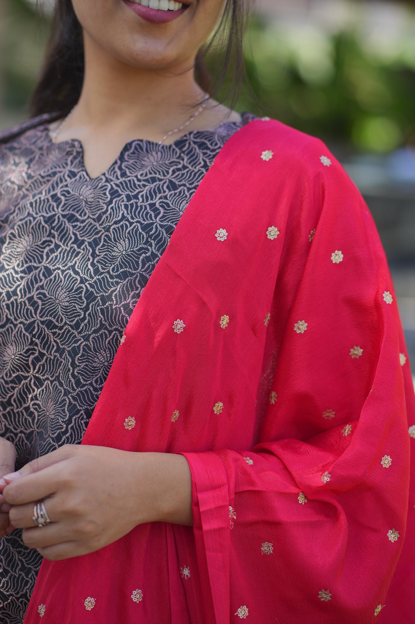 AA105 Black Art Silk Kurti with Red Golden motifs Shimmer Dupatta (Function Wear)